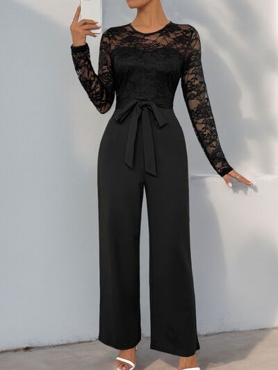 Perfee Lace Round Neck Long Sleeve Jumpsuit, black, semi-sheer lace, tied waist.