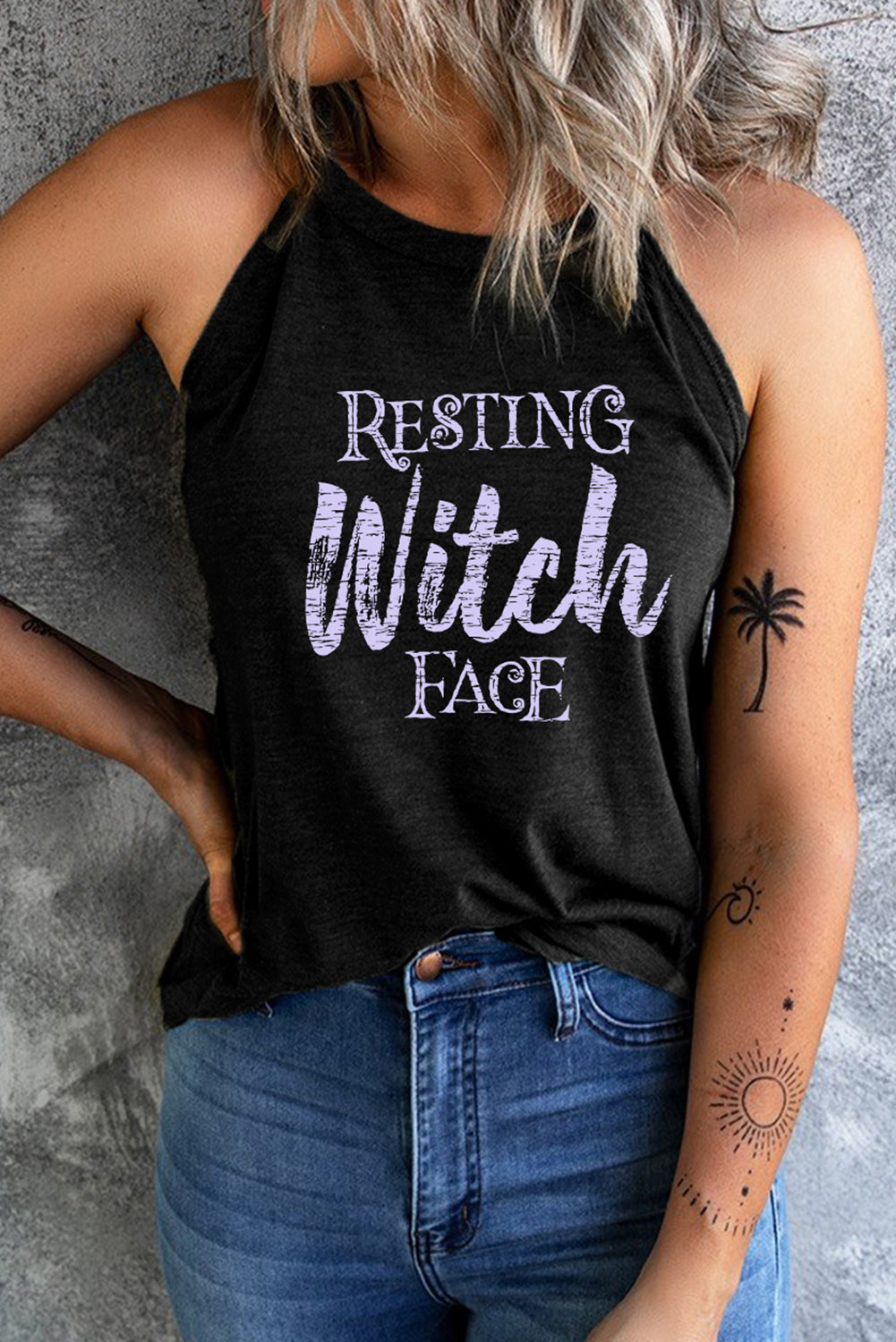 Round Neck RESTING WITCH FACE Graphic Tank Top - Teresa's Fashionista LLC