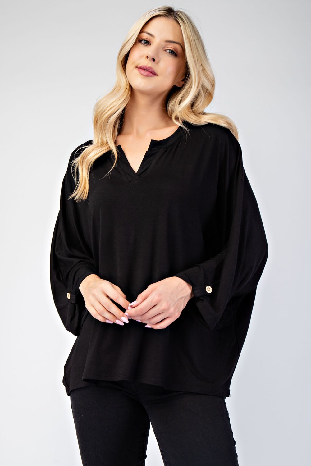 Celeste Full Size Notched Three-Quarter Sleeve Blouse - Teresa's Fashionista LLC