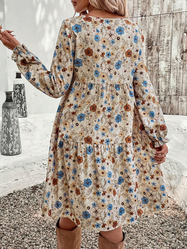 Tiered Floral Round Neck Long Sleeve Dress - Teresa's Fashionista LLC