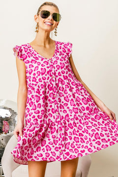 BiBi Leopard Cap Sleeve Tiered Mini Dress-Teresa's Fashionista LLC