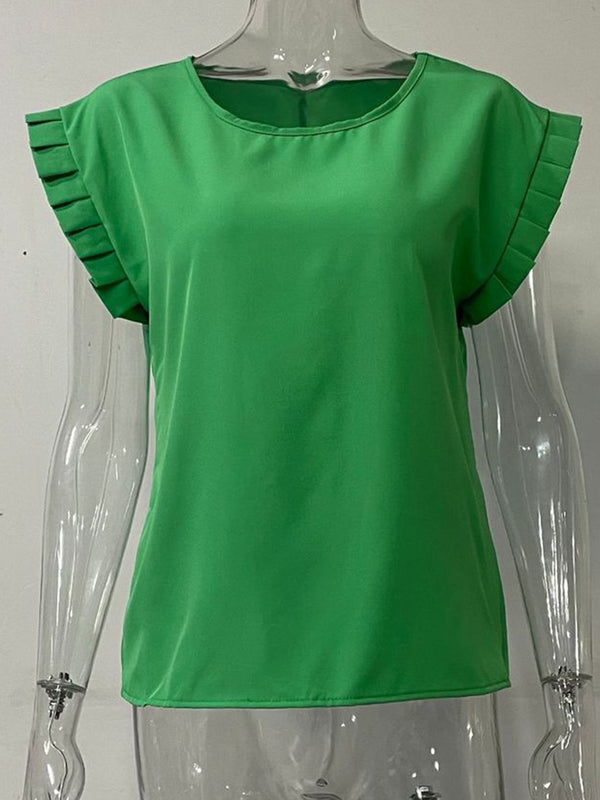 Ruffled Round Neck Cap Sleeve Blouse-Teresa's Fashionista LLC