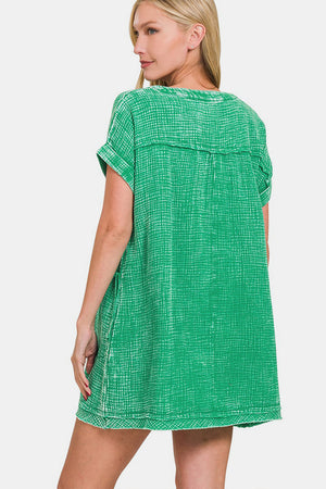 Zenana Washed Notched Short Sleeve Mini Dress-Teresa's Fashionista LLC