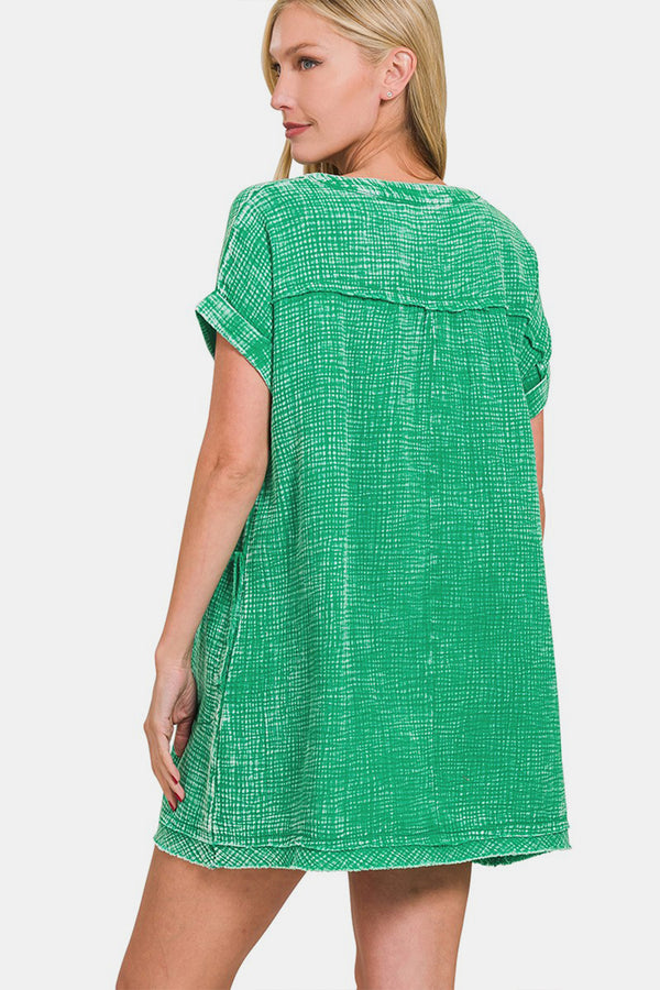 Zenana Washed Notched Short Sleeve Mini Dress-Teresa's Fashionista LLC
