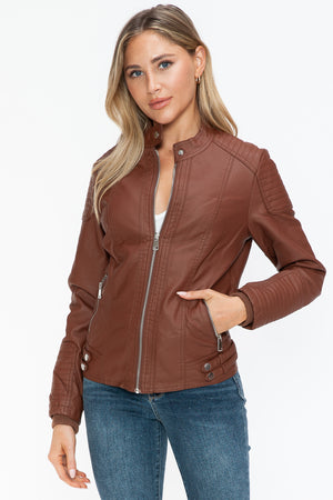 Snobbish Faux Leather Biker Jacket with Side Zip Pockets - Teresa's Fashionista LLC