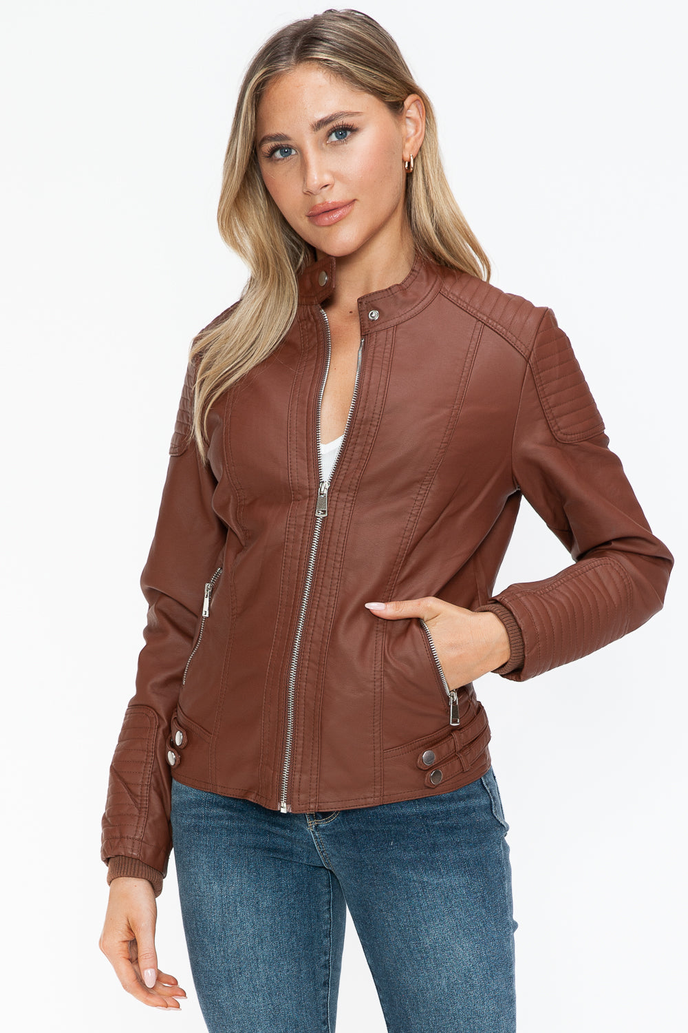 Snobbish Faux Leather Biker Jacket with Side Zip Pockets - Teresa's Fashionista LLC