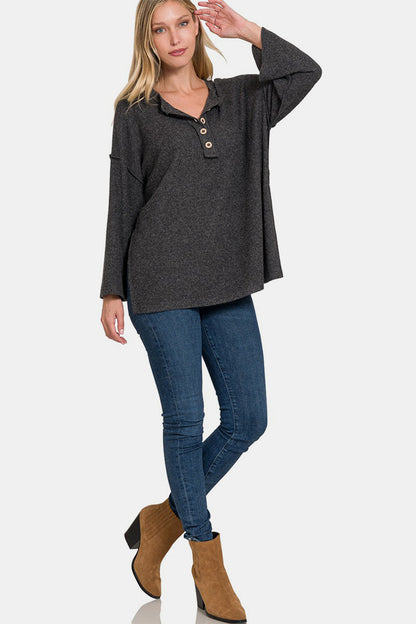Zenana Full Size Ribbed Half Button Slit Knit Top - Teresa's Fashionista LLC
