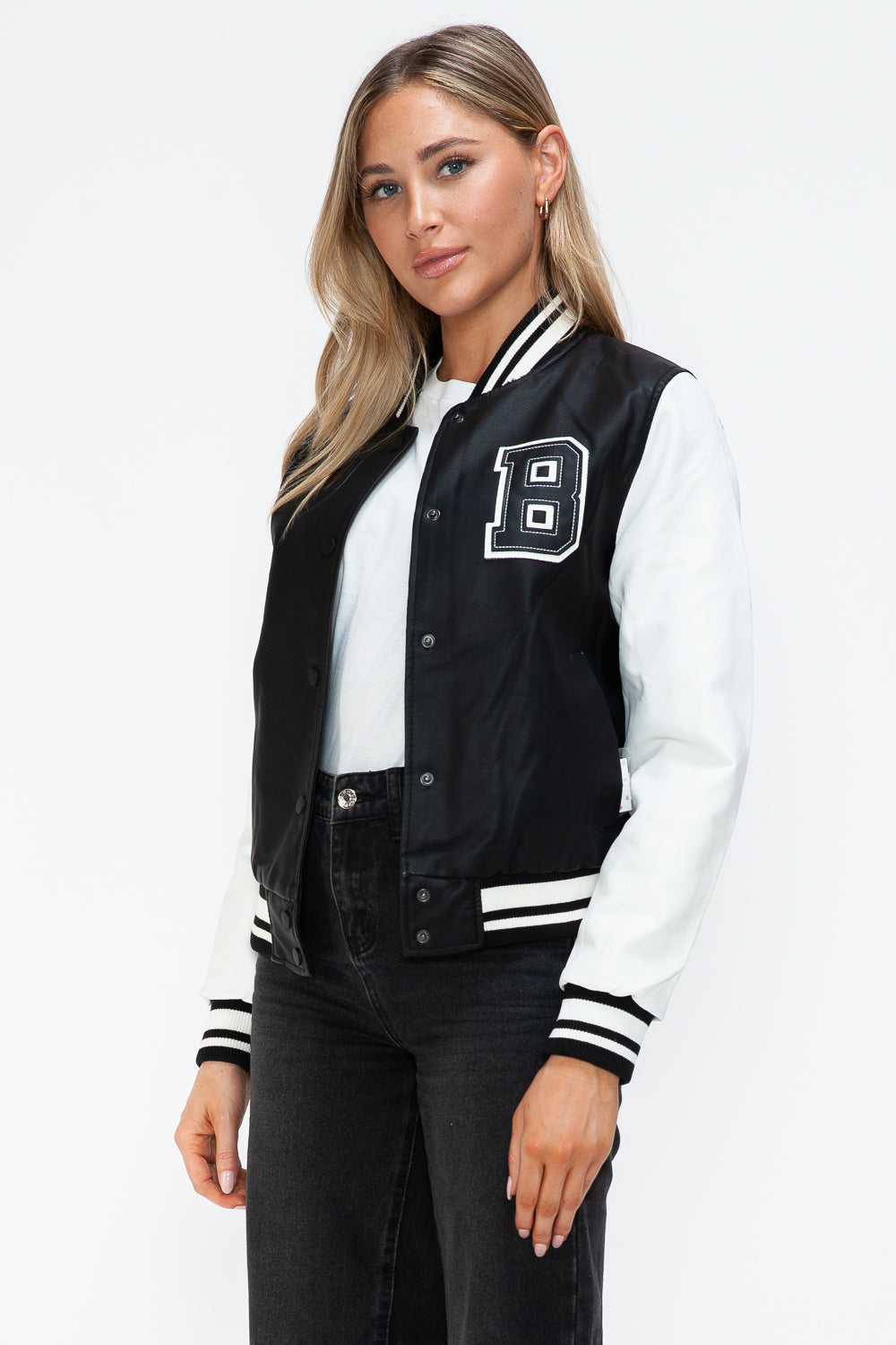 Love Me Now PU Leather Contrast Snap Down Bomber Jacket - Teresa's Fashionista LLC