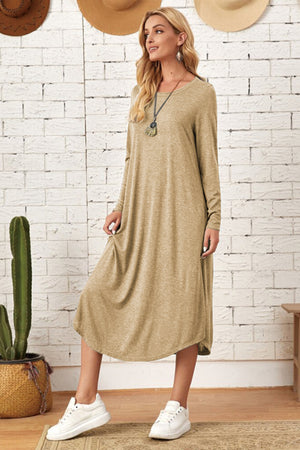 Pocketed Round Neck Long Sleeve Tee Dress-Teresa's Fashionista LLC