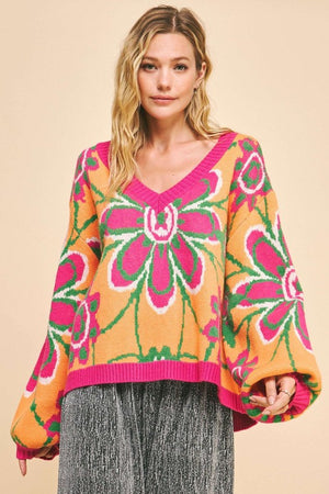 Davi & Dani Floral Contrast V-Neck Dropped Shoulder Sweater - Teresa's Fashionista LLC