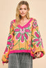 Davi & Dani Floral Contrast V-Neck Dropped Shoulder Sweater - Teresa's Fashionista LLC