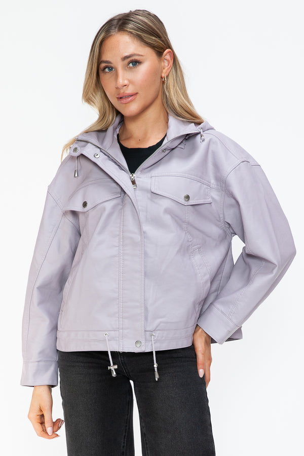 How Dare U Drawstring Hem PU Leather Zip Up Jacket - Teresa's Fashionista LLC