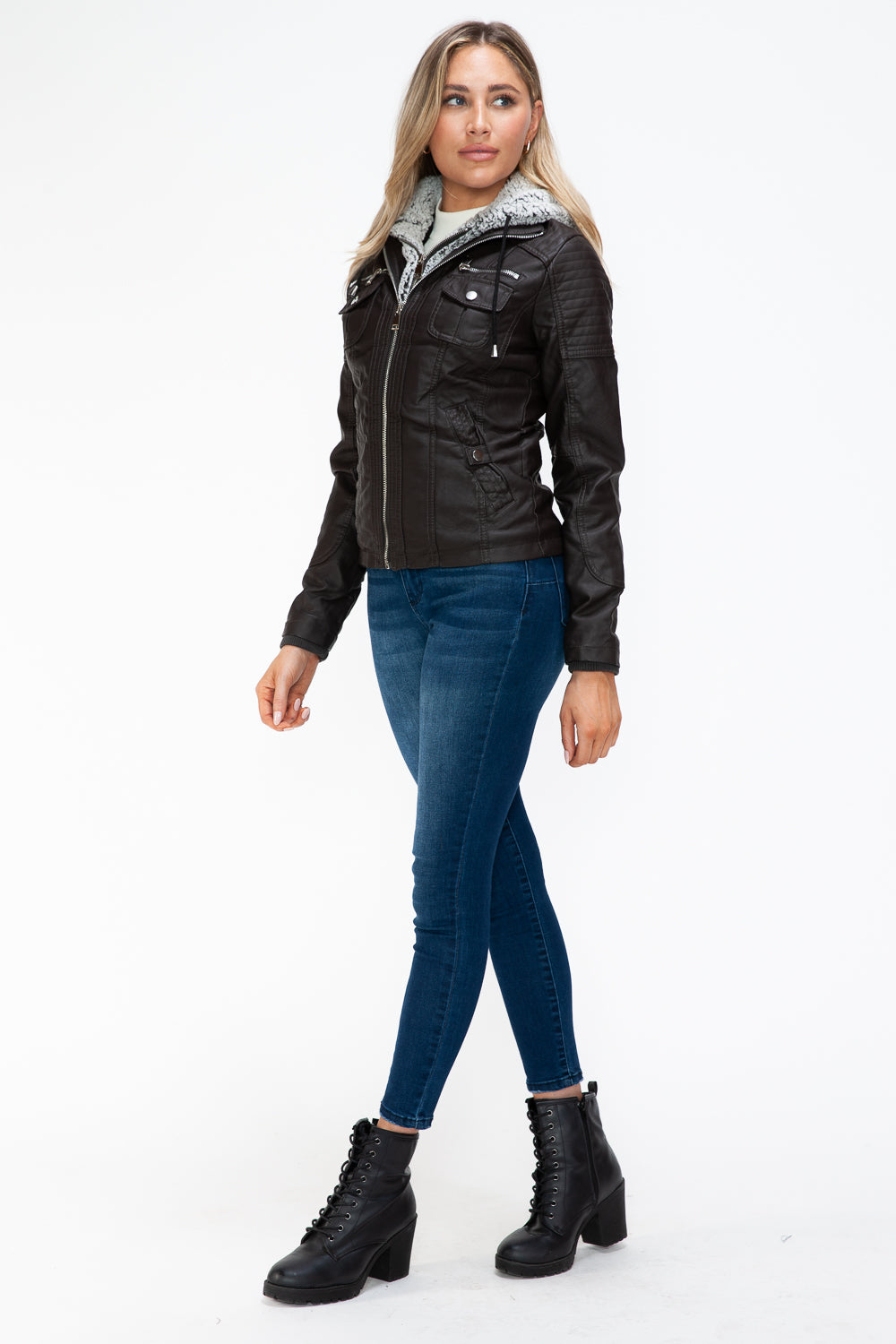 YMI Removable Faux Layered Multi-Pocket Jacket with Fuzzy Hood - Teresa's Fashionista LLC