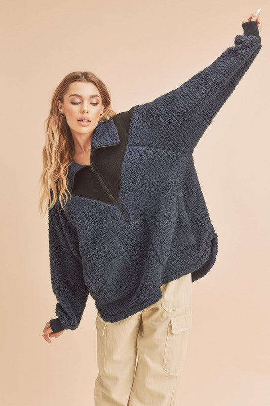 Aemi+Co Two Tone Half Zip Fleece Sweatshirt - Teresa's Fashionista LLC