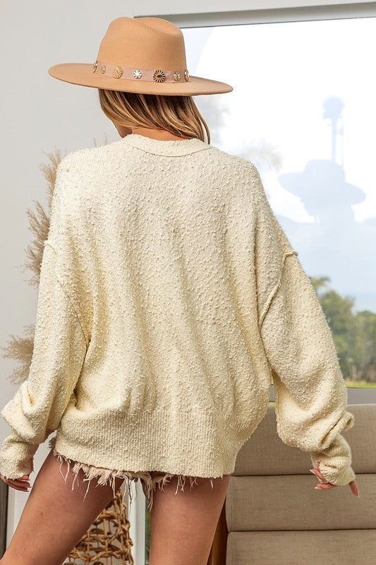 BiBi V-Neck Button Up Dropped Shoulder Cardigan - Teresa's Fashionista LLC