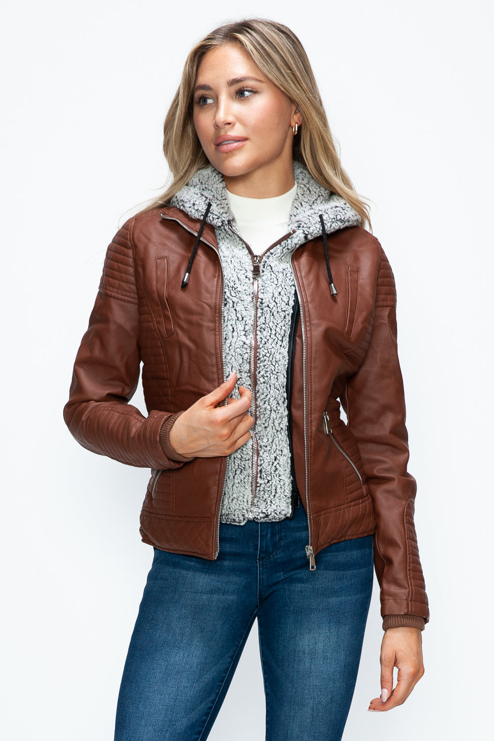 YMI Faux Layered Double-Zipper Jacket with Fuzzy Hood - Teresa's Fashionista LLC