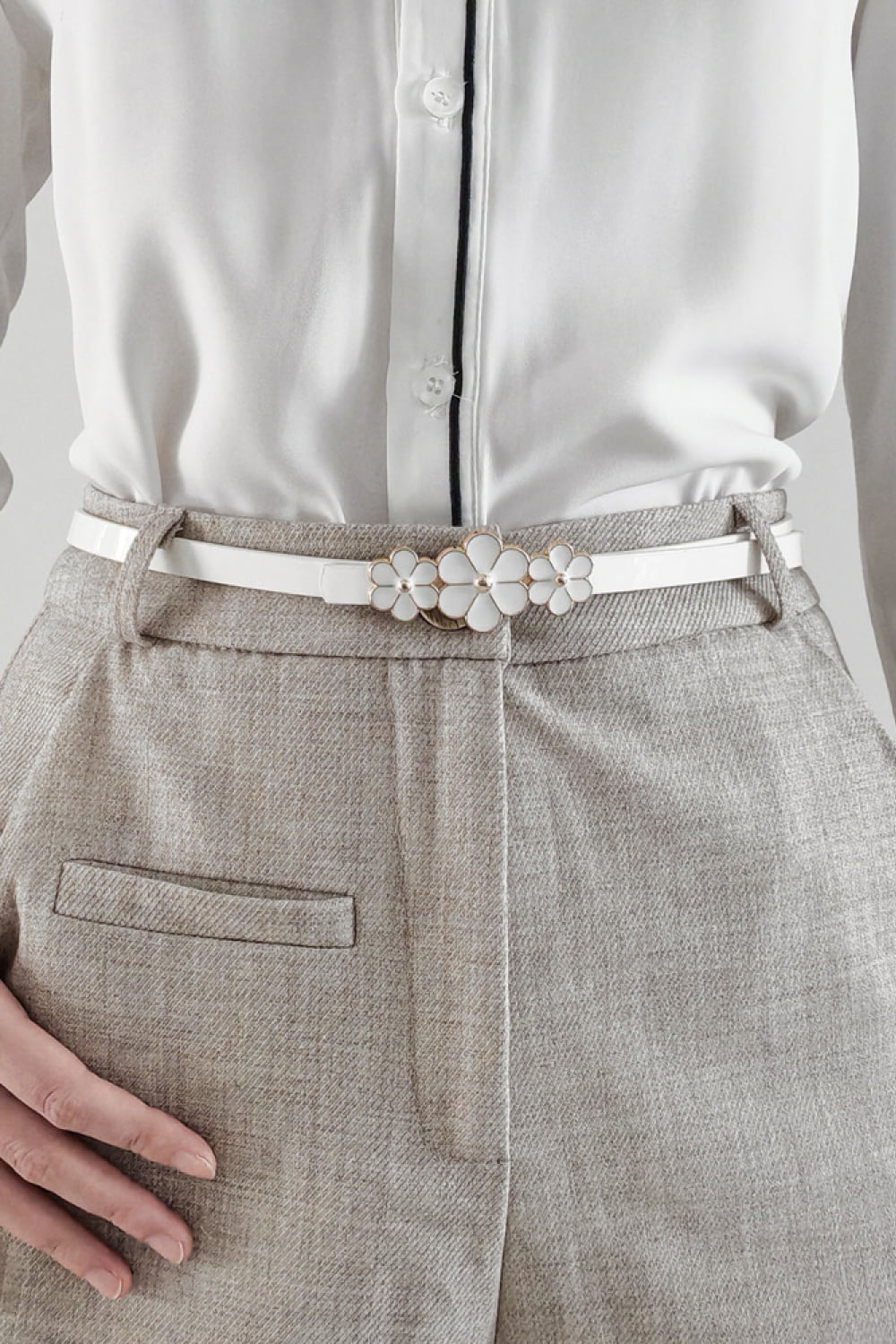 Flower Decor Skinny PU Belt-Teresa's Fashionista LLC