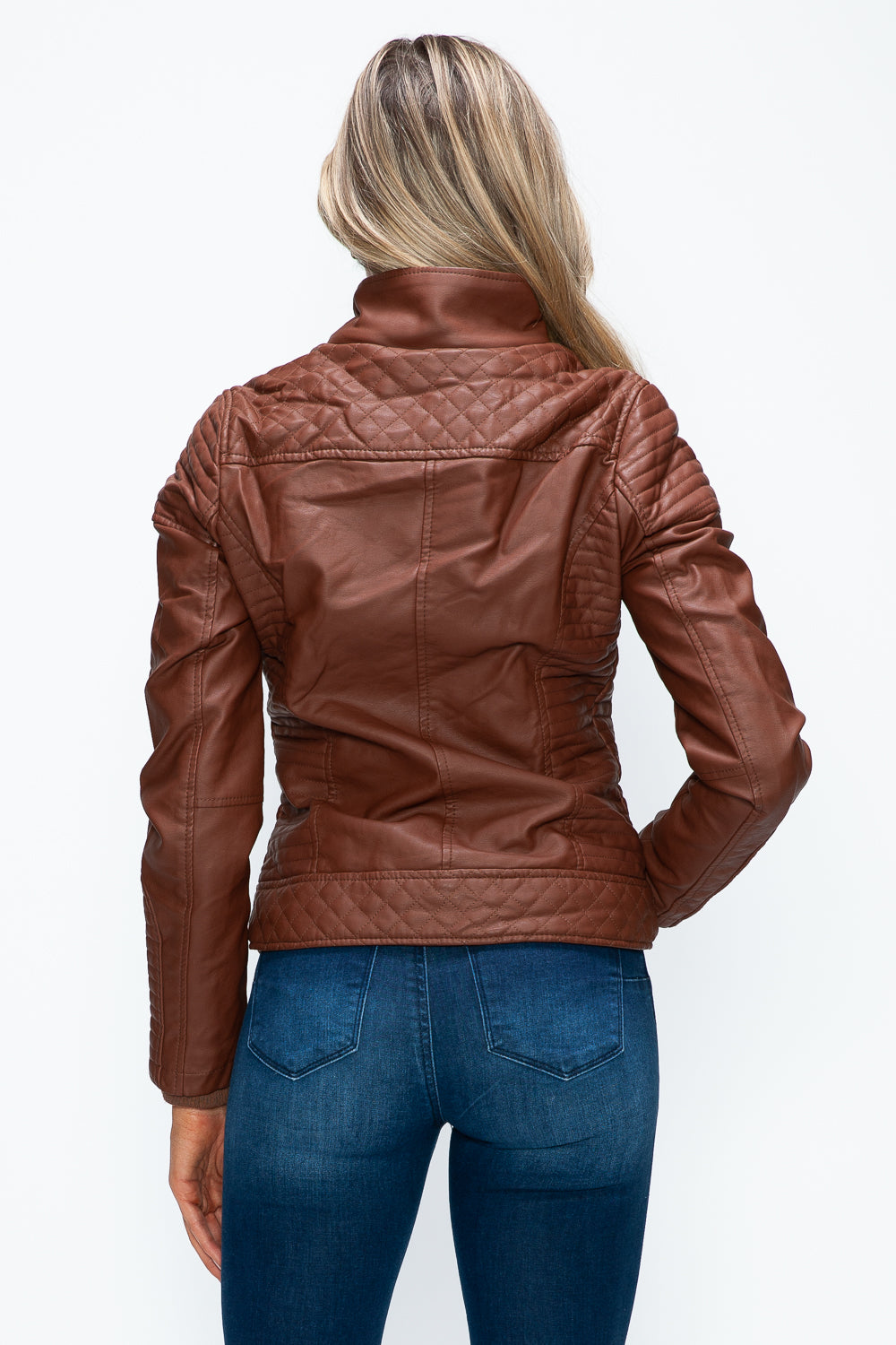 YMI Faux Layered Double-Zipper Jacket with Fuzzy Hood - Teresa's Fashionista LLC