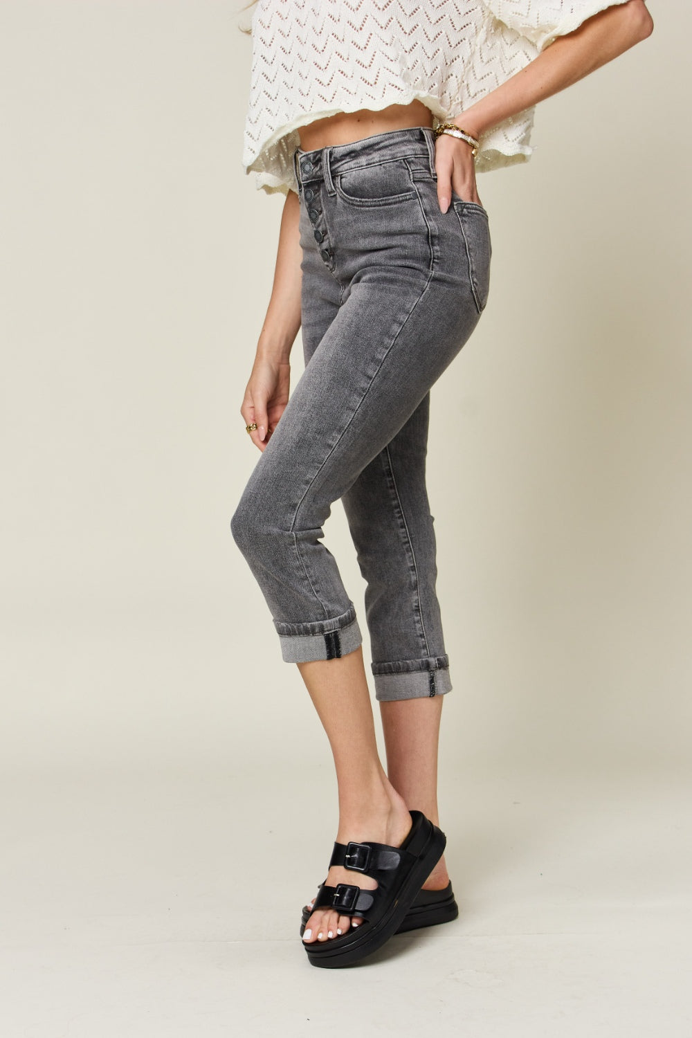 Judy Blue Full Size Button Fly High Waist Cuffed Capris-Teresa&#39;s Fashionista LLC