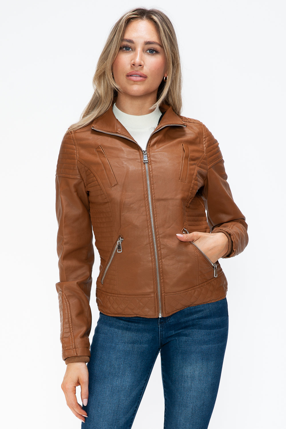 YMI Faux Layered Double-Zipper Jacket with Fuzzy Hood - Teresa's Fashionista LLC