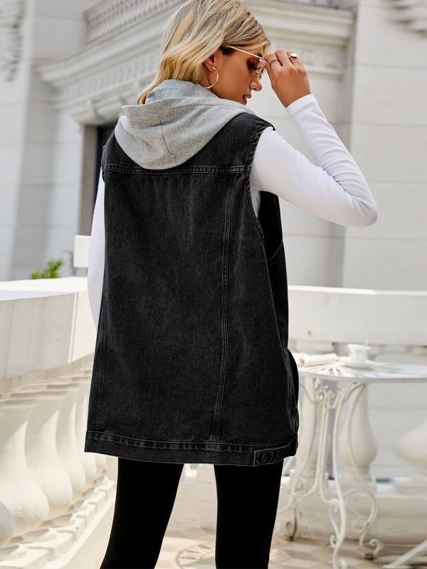 Drawstring Pocketed Button Up Sleeveless Denim Jacket-Teresa's Fashionista LLC