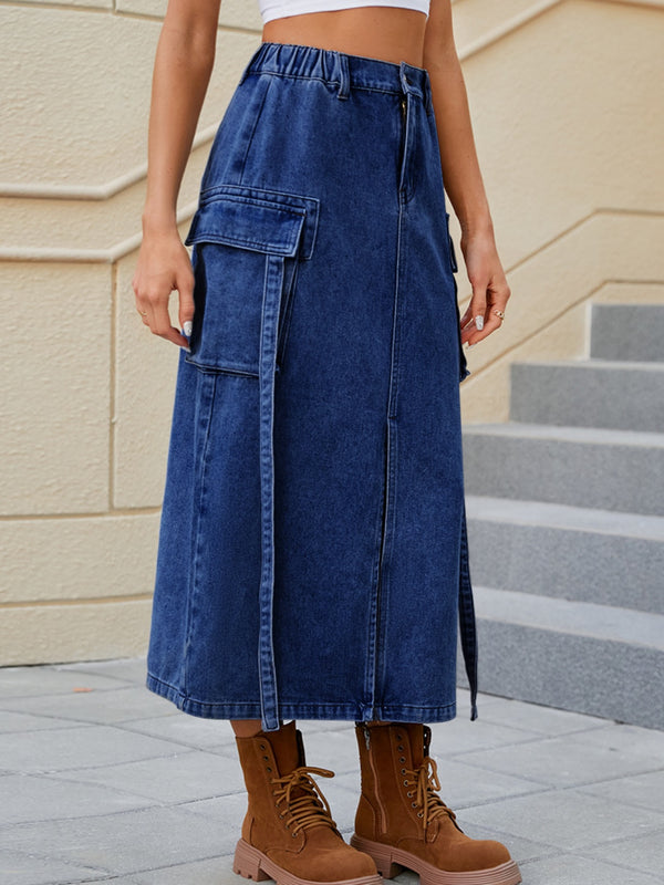 Slit Pocketed High Waist Denim Skirt-Teresa's Fashionista LLC