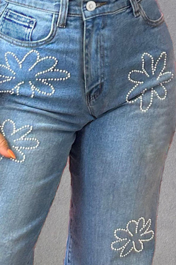 Rhinestone Straight Jeans with Pockets-Teresa's Fashionista LLC