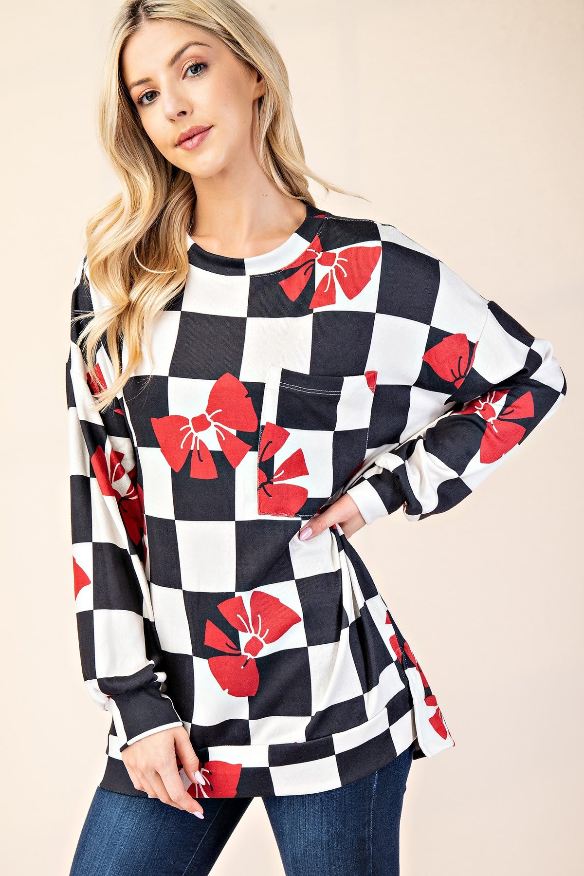 Celeste Full Size Checkered Bow Print Round Neck T-Shirt - Teresa's Fashionista LLC