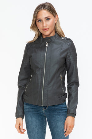 Snobbish PU Leather Biker Jacket with Side Zip Pockets - Teresa's Fashionista LLC