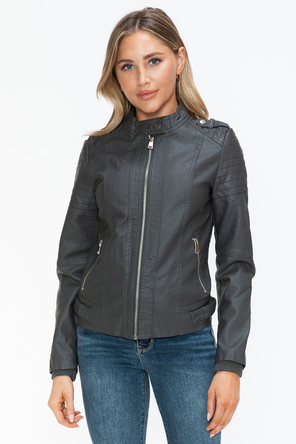Snobbish PU Leather Biker Jacket with Side Zip Pockets - Teresa's Fashionista LLC