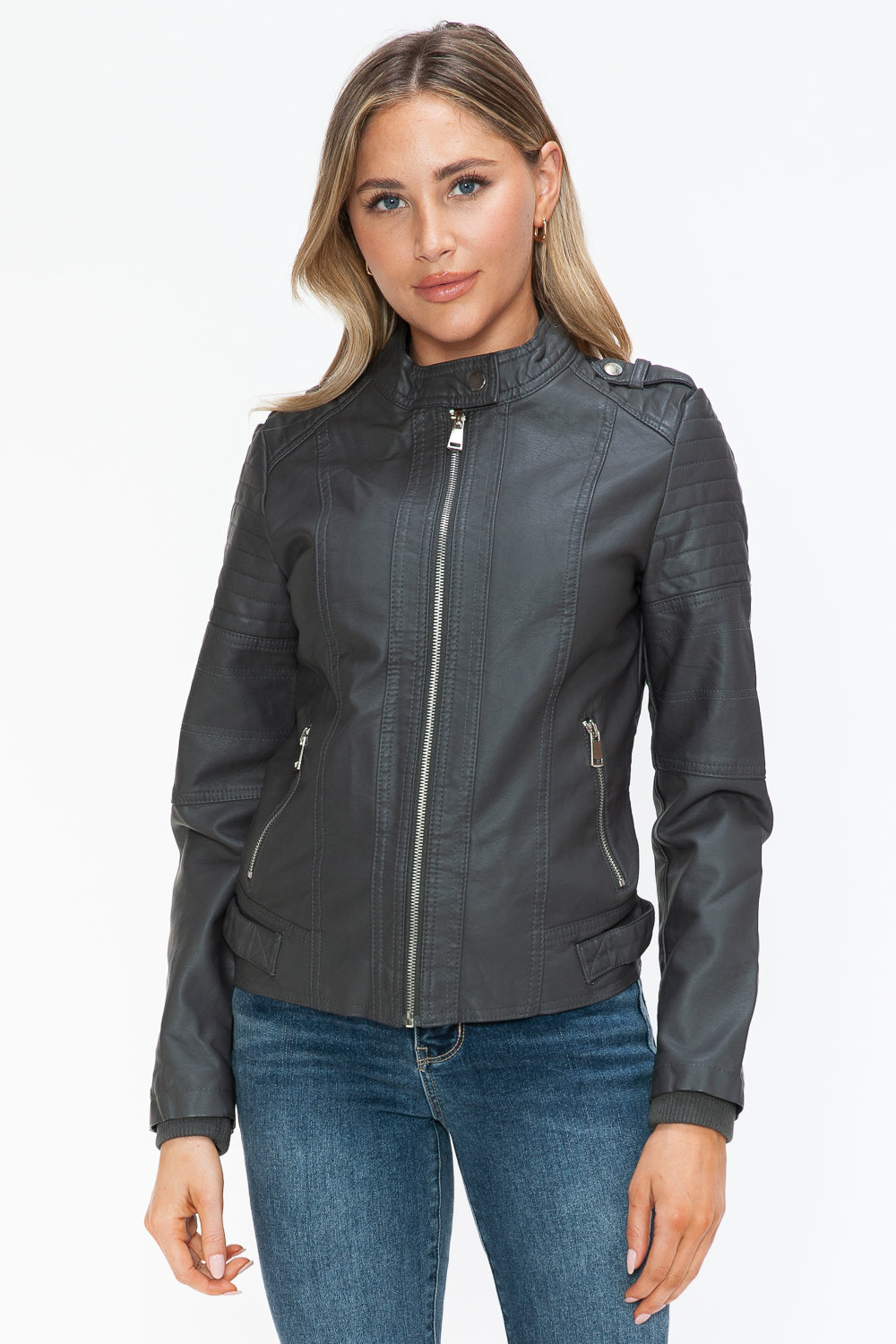 Snobbish PU Leather Biker Jacket with Side Zip Pockets - Teresa's Fashionista LLC