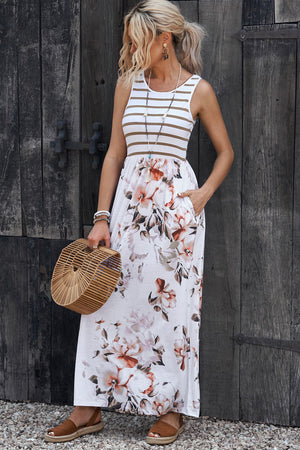 Striped Floral Round Neck Sleeveless Maxi Dress-Teresa's Fashionista LLC