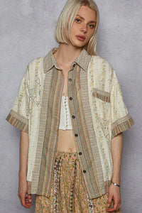 POL Printed Button Down Patchwork Short Sleeve Shirt