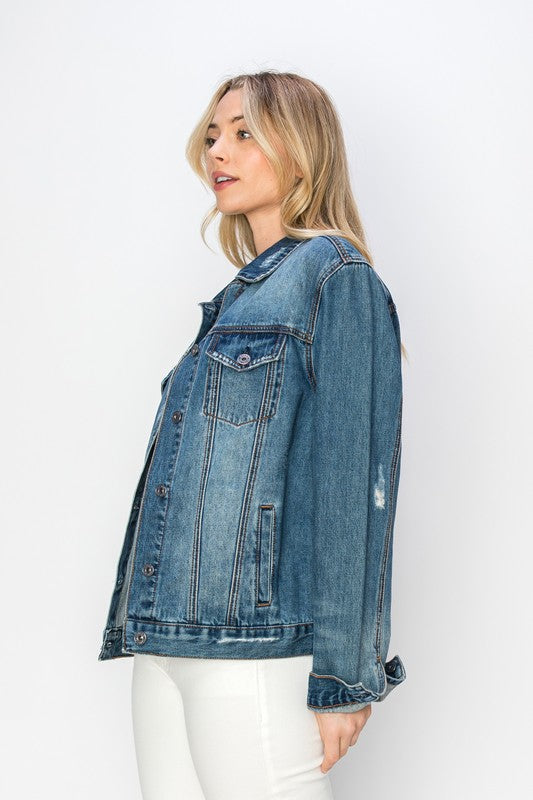 RISEN Full Size Distressed Button Up Jacket - Teresa's Fashionista LLC
