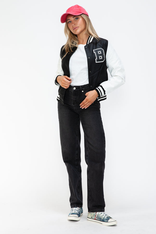 Love Me Now PU Leather Contrast Snap Down Bomber Jacket - Teresa's Fashionista LLC