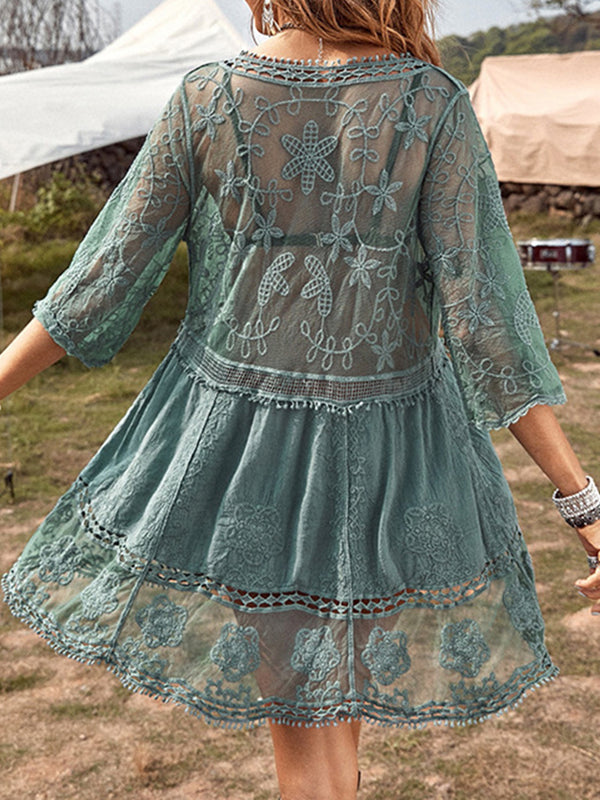 Lace Detail Plunge Cover-Up Dress-Teresa's Fashionista LLC
