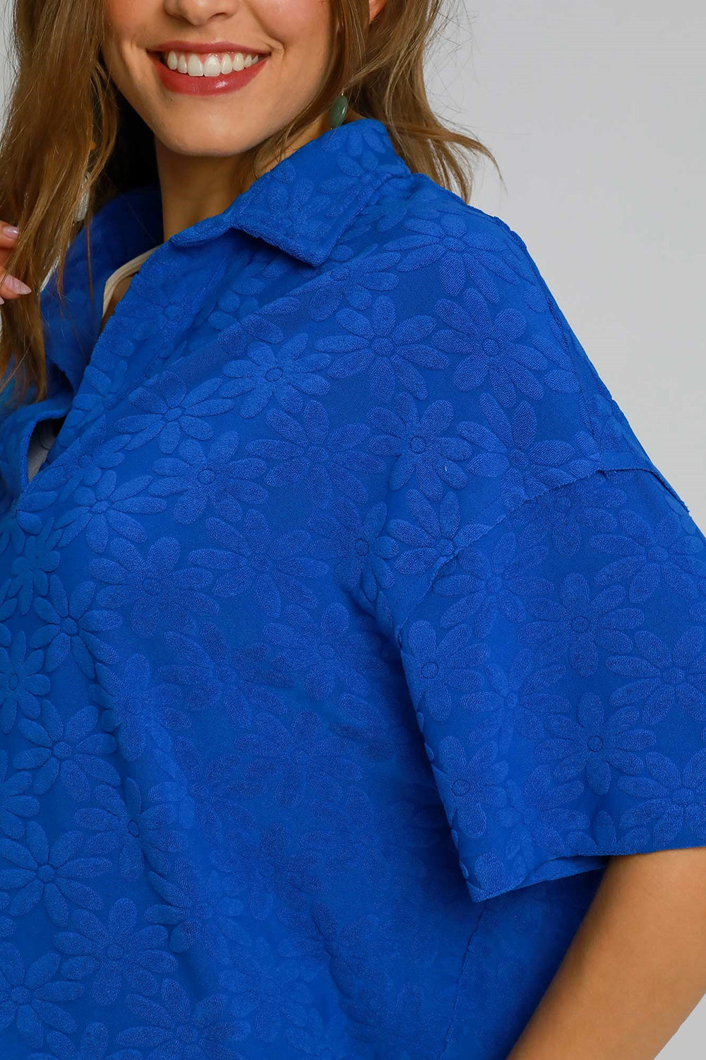 Umgee Floral Johnny Collar Half Sleeve Jacquard Top - Teresa's Fashionista LLC