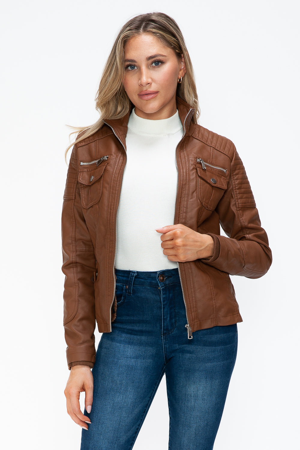 YMI Removable Faux Layered Multi-Pocket Jacket with Fuzzy Hood - Teresa's Fashionista LLC
