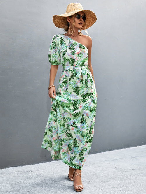 Printed Tie Waist One Shoulder Maxi Dress-Teresa's Fashionista LLC