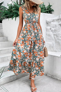 Floral Print Trimmed V Neck Tie Waist Sleeveless Dress