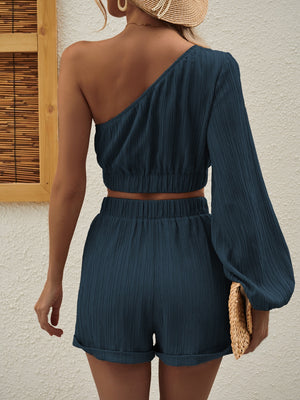 One Shoulder Long Sleeve Top and Shorts Set-Teresa's Fashionista LLC