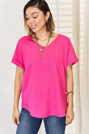 Zenana V-Neck Rolled Short Sleeve T-Shirt-Teresa's Fashionista LLC