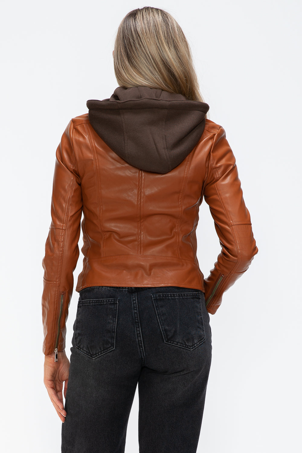 Snobbish Faux Leather Zip Up Drawstring Hooded Jacket - Teresa's Fashionista LLC