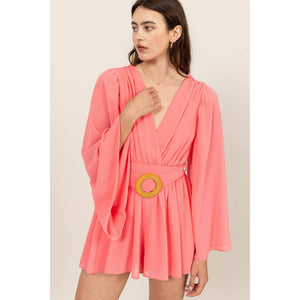 Plunging Neckline Bell Sleeve Romper