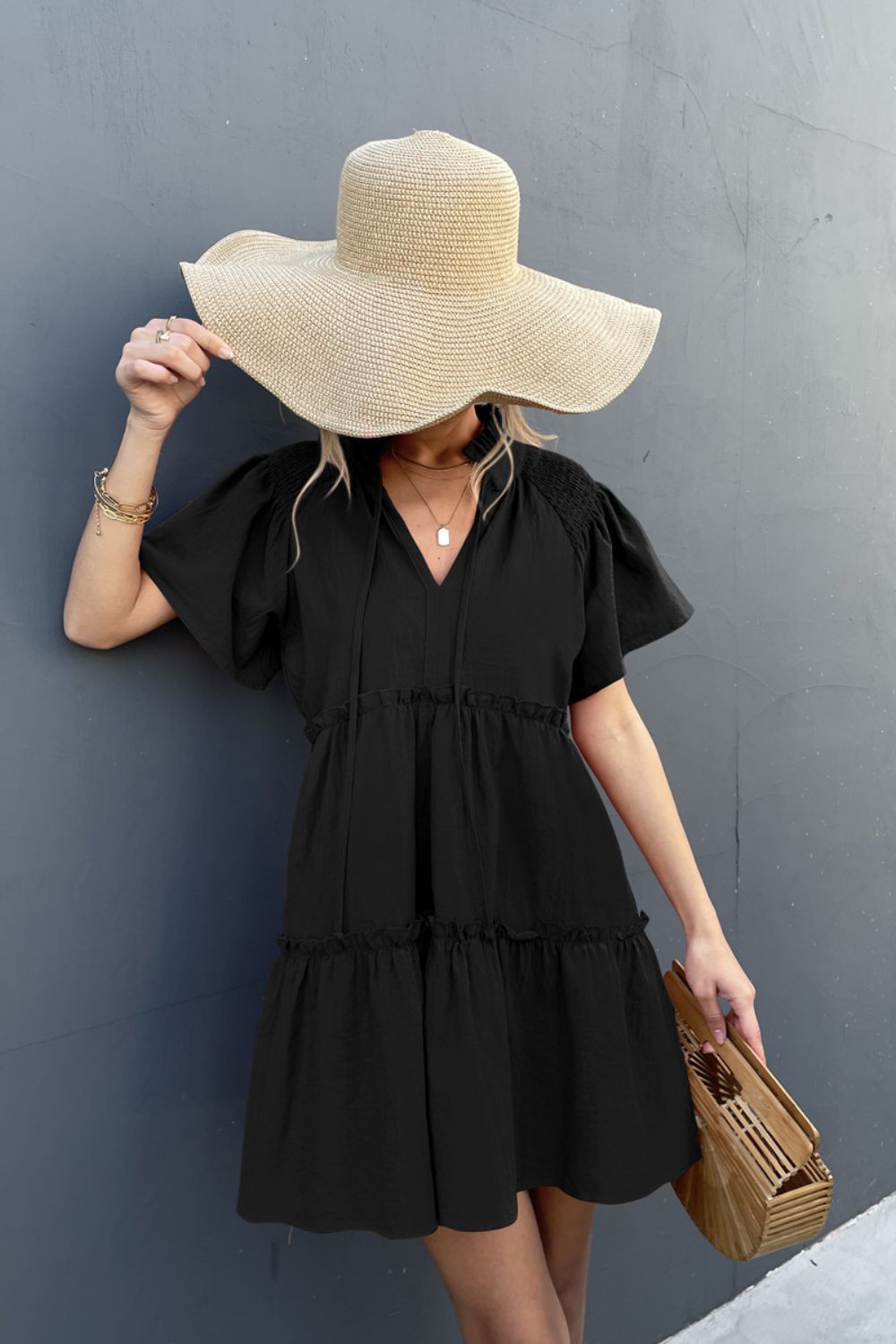 Frill Trim Smocked Tie Neck Dress-Teresa's Fashionista LLC