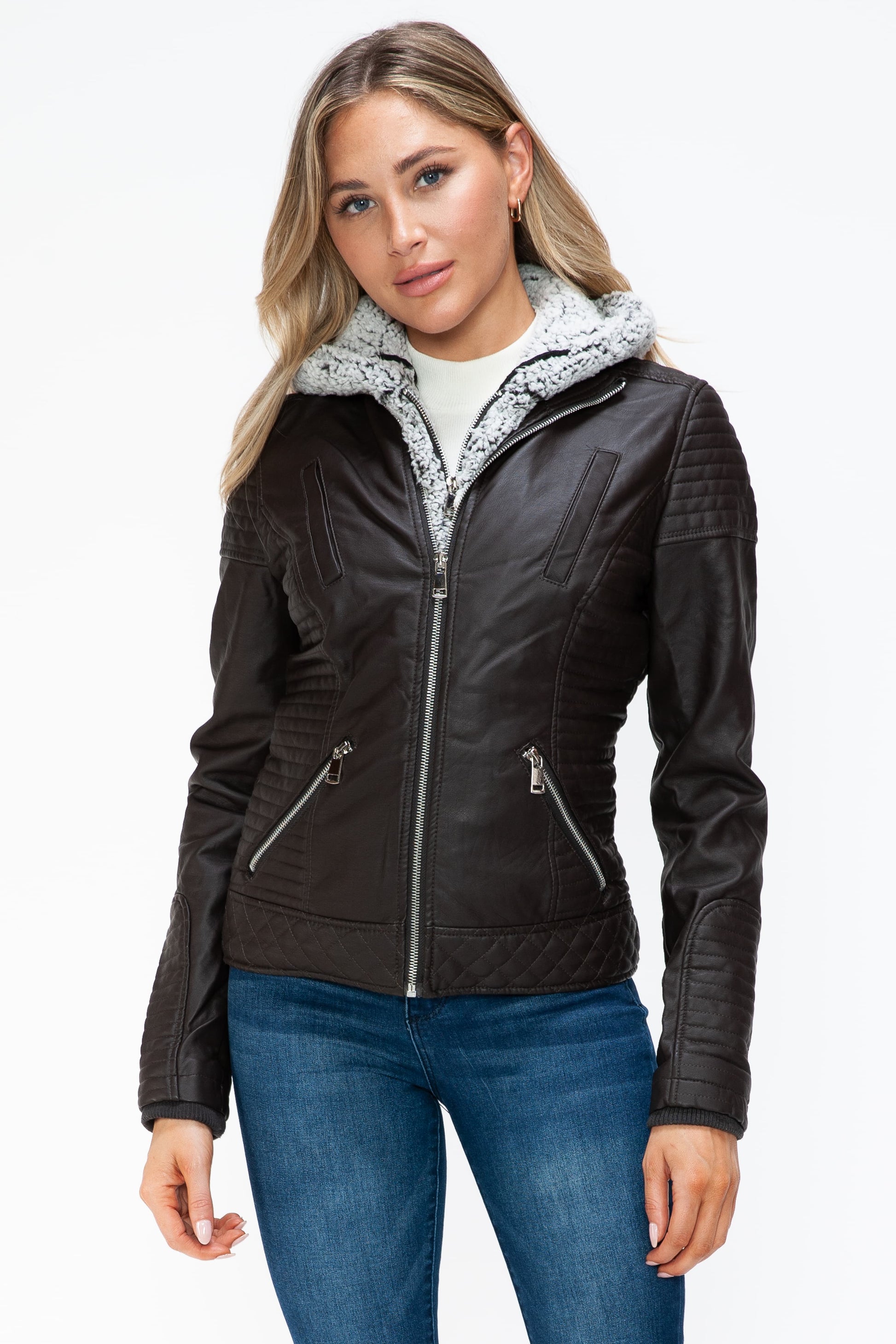 YMI Faux Layered Double-Zipper Jacket with Fuzzy Hood - Teresa's Fashionista LLC