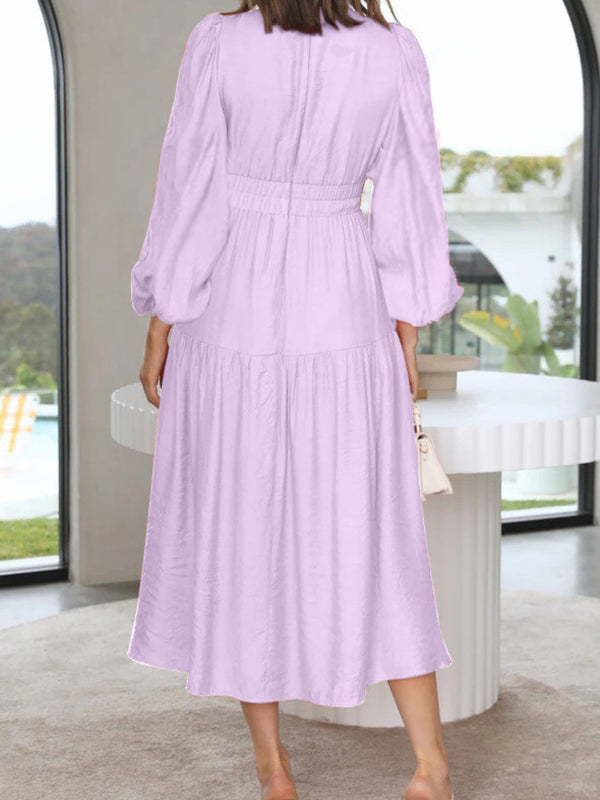 Deep V-Neck Balloon Sleeve Plain Maxi Dress-Teresa's Fashionista LLC