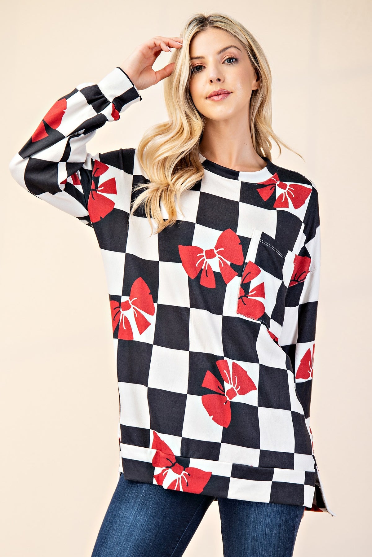 Celeste Full Size Checkered Bow Print Round Neck T-Shirt - Teresa's Fashionista LLC