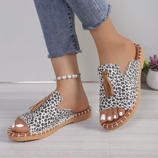 Fringe Leopard Open Toe Sandals-Teresa's Fashionista LLC