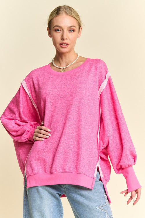 Davi & Dani Side Slit High-Low Lantern Sleeve Knit Top - Teresa's Fashionista LLC